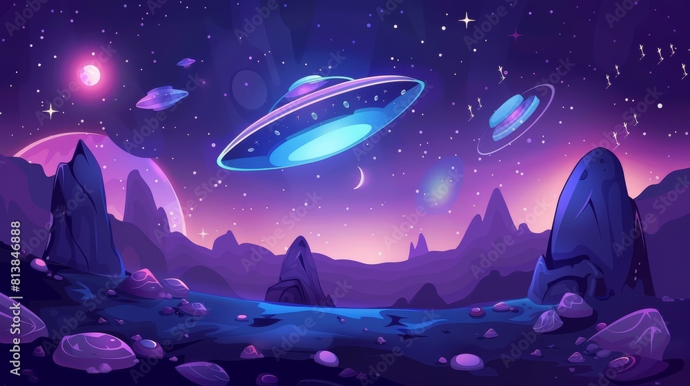 Poster ui background for childish arcade videogame featuring a galaxy space modern map and extraterrestrial