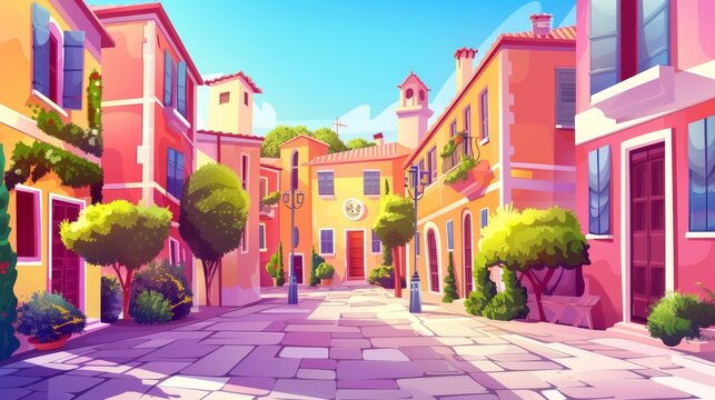 Modern illustration of a sunny old town street in a Mediterranean suburb for summer holidays in Italy. Italian vintage architecture and condominium apartment facades in the cityscape.