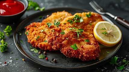 Crispy, golden chicken schnitzel with lemon wedge and parsley on black plate