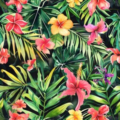 Fototapeta premium watercolor illustration fabric seamless patterns Tropical foliage with vibrant flowers