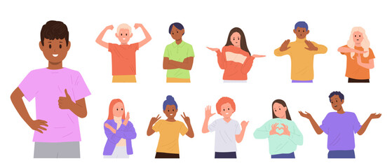 Preteen and preschool children cartoon characters with positive and negative gesture isolated set