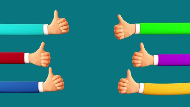 Thumbs up gesture 3d cartoon multicolored hands on both sides of the screen. Looped animation with alpha channel.