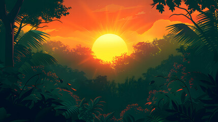 Sunset Through the Forest: Rays of the Setting Sun Filter Through a Dense Forest, Casting Long Shadows and Painting Foliage in Warm Light   Flat Design Icon Concept