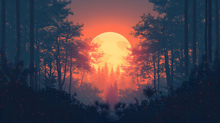 Simplistic flat design: Sunset through the Forest with Rays of the Setting Sun Casting Long Shadows and Painting Foliage in Warm Light   Vector Illustration