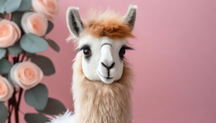 Fototapeta premium Soft alpaca plushie doll. Craft crocheted toy for kids. Handmade llama standing on pink background.