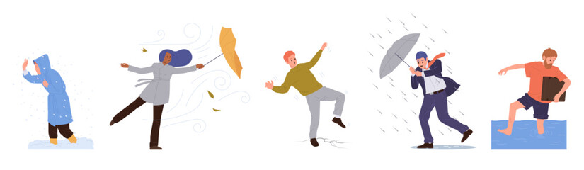 Diverse people cartoon character fighting against natural disaster set isolated on white background