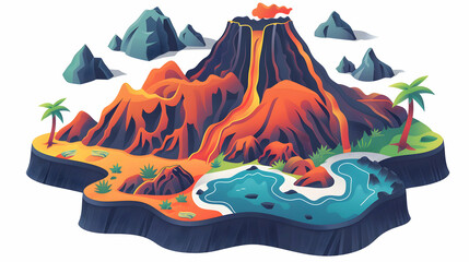 An aerial shot of a diverse volcanic archipelago: Flat design illustration of vibrant island life.