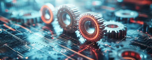 Abstract illustration of gear mechanism on a dark background. Business concept.