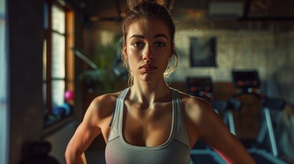 Fototapeta premium An athletic woman uses a fitness streaming app for virtual training. Beautiful girl working out with her personal trainer.