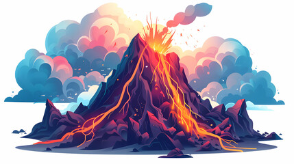 Volcano Lightning Strike: Dramatic Isometric Scene with Explosive Eruption in Flat Design Icon Concept