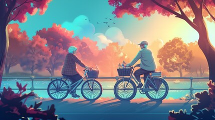 Obraz premium Two people on bicycles ride down a path in a park. The man on the left is wearing a hat and the woman is wearing a jacket. The scene is peaceful and serene