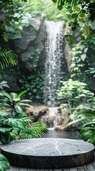 Rainforest with vibrant green foliage and a small waterfall background, for displaying ecofriendly products on a stone podium