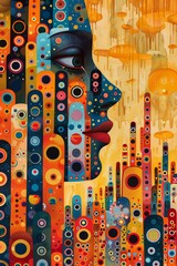 A painting of a woman's face with many dots and circles, AI