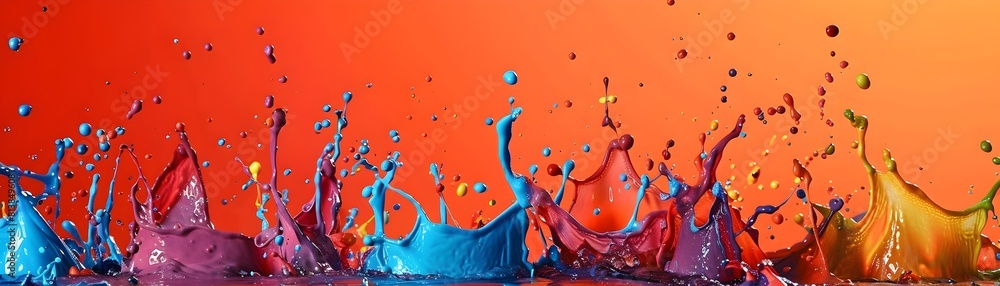Poster captivating collision of vibrant paint splashes showcasing controlled chaos in dynamic digital artwo