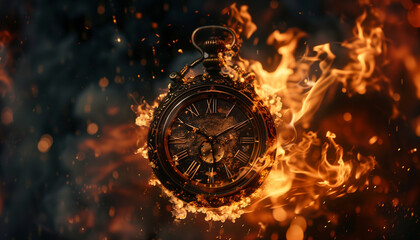 A antique watch engulfed in flames against a dark background. Generative AI