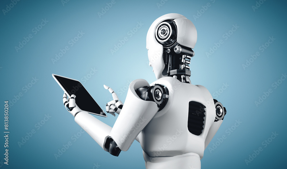 Poster mlp 3d illustration robot humanoid using tablet computer in future office while using ai thinking br