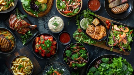 Dark, isolated background with top view of different main courses, highlighting salads, sauces, meats, and fish, perfect studio lighting