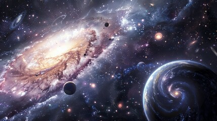 A stunning depiction of galaxies, swirling stars, and celestial bodies adorning the vast universe.