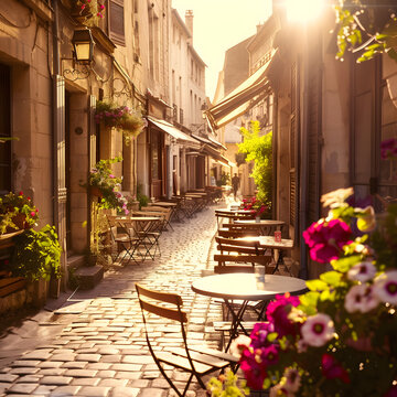 Fototapeta pretty streets in Bordeaux, France, charming café terrace, flowers