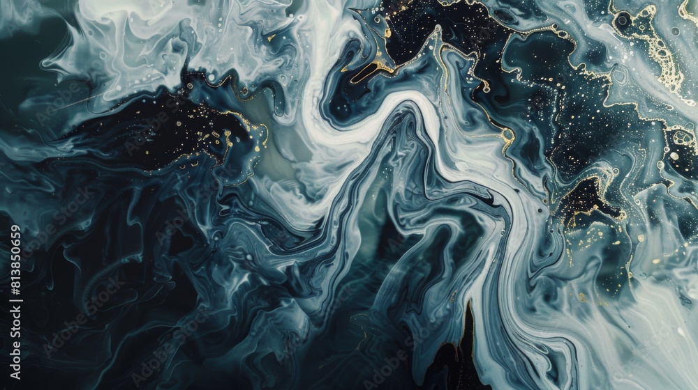 Poster abstract painting featuring dominant black and white colors in a dynamic composition with contrastin