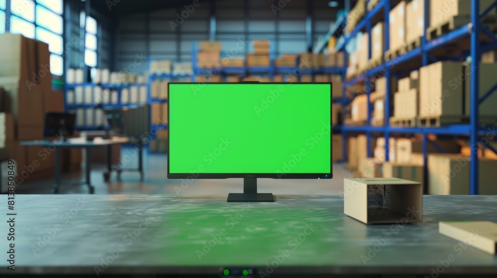 Poster the image shows a desktop computer monitor on a table with a green screen chromakey mock up display.