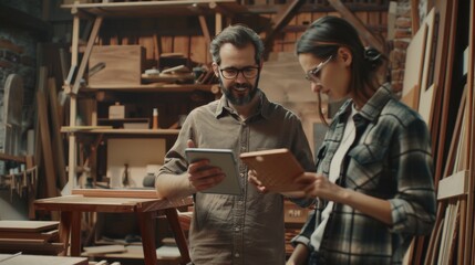 Carpenter and a Young Female Apprentice Working in Loft Studio Discussing Design of a New Wooden Chair on a Tablet Computer.