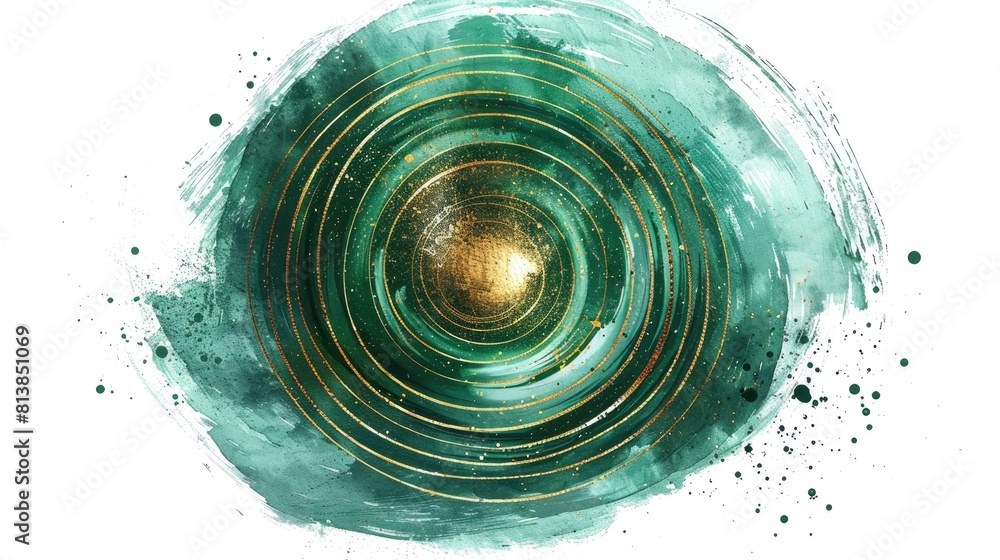 Poster green and gold abstract painting with a circular pattern. aig51a.