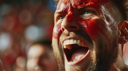 An international championship, world tournament on a sport stadium: Close-up portrait of a handsome Caucasian man screams in celebration of a victory in a sport event.