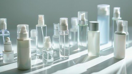 Close-up of deodorant spray and roll-on bottles, arranged neatly on an isolated white background under bright studio lighting