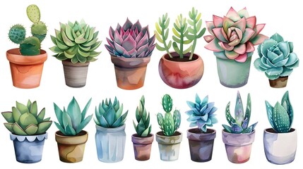 Fototapeta premium Assorted Potted Succulents and Cacti Displayed on Wooden Table in Natural Lighting for Home or Office Decor
