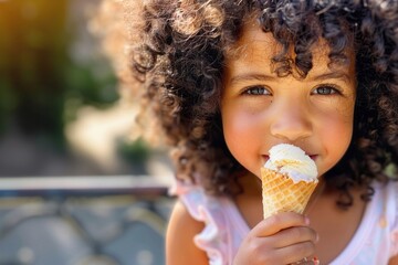Close up of a girl with curly hair eating ice cream at cafe, lifestyle concept