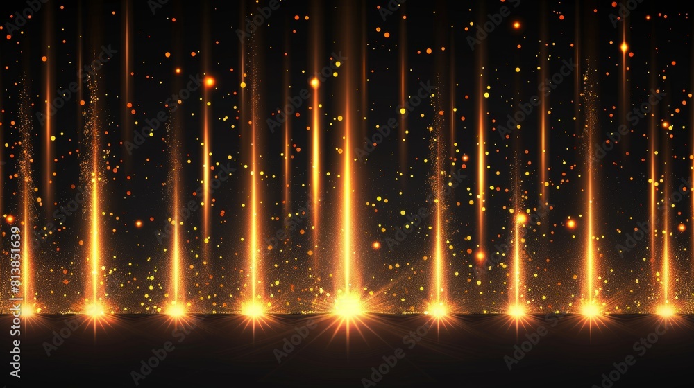 Poster a vertical gold flare on black background with rainbow sparkles and light piped in from the top. thi