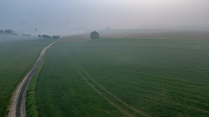 An aerial view captures a serene, foggy morning over a lush countryside landscape. A narrow road...