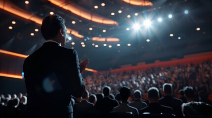 During a motivational keynote presentation during a Business Technology Summit, crowds of smart tech people applauded in a dark conference hall. Male in focus.