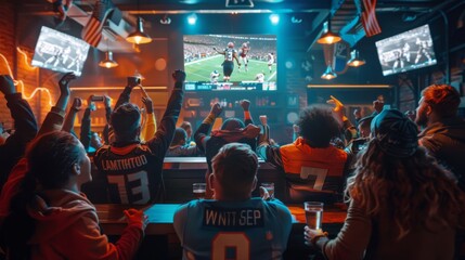 Hundreds of American football fans cheering and supporting their team in a sports pub watching a live broadcast of a game. Crowd gets ecstatic as their team scores a goal and wins.