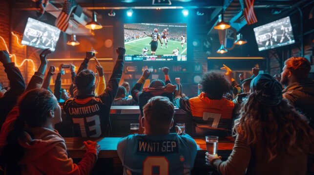 Hundreds of American football fans cheering and supporting their team in a sports pub watching a live broadcast of a game. Crowd gets ecstatic as their team scores a goal and wins.