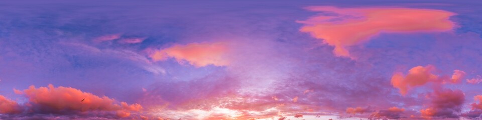 360 panorama of glowing sunset sky with bright pink Cumulus clouds. HDR 360 seamless spherical...