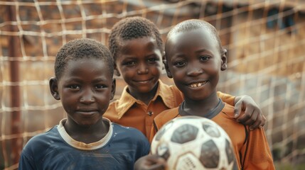 Two young talented African boys smiling while holding soccer balls. Older brother holding a soccer ball. Black kids standing in front of a football gate. - Powered by Adobe