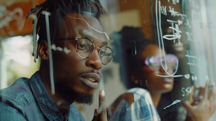 Two multiethnic university students and flatmates preparing for math exams on a window at home. Black young man explaining mathematical equation to female friend with erasable glass markers.