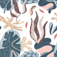 Sea plants, seaweed, leaves, starfish, flowers, sea. Seamless pattern for prints. Vector illustration in flat modern style.