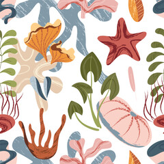 Sea plants, seaweed, leaves, starfish, flowers, sea. Seamless pattern for prints. Vector illustration in flat modern style.