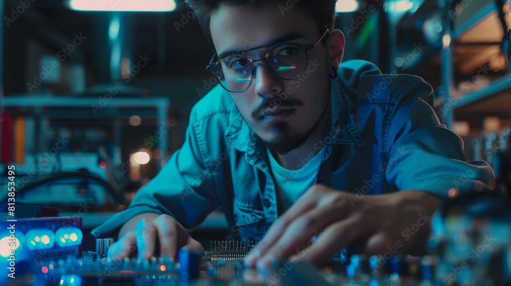Poster the image shows a young hispanic industrial engineer designing a circuit board using computer cad so