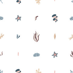 Sea plants, seaweed, leaves, starfish, flowers, sea. Seamless pattern for prints. Vector illustration in flat modern style.
