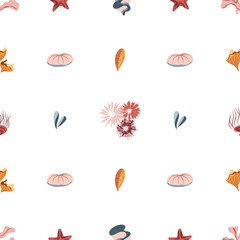 Sea plants, seaweed, leaves, starfish, flowers, sea. Seamless pattern for prints. Vector illustration in flat modern style.