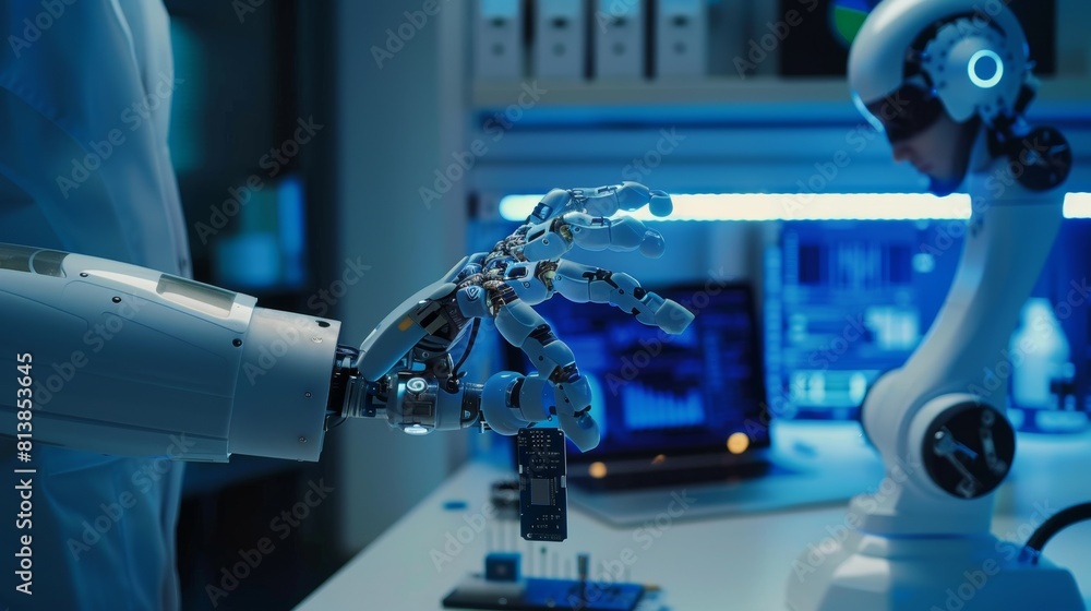 Poster the robot hand holds a microchip on a robot arm. over the shoulder shot of a robotics engineer using