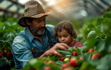 Grandfather and his granddaughter picking strawberries in greenhouse