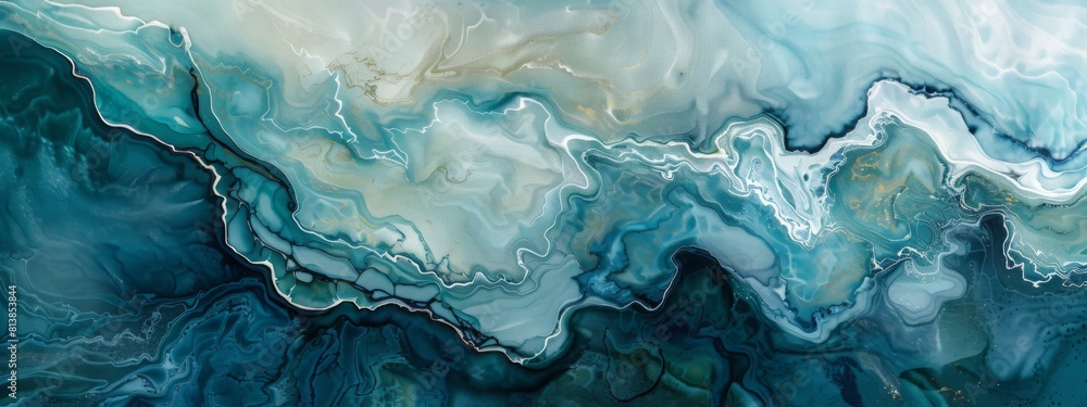 Poster an abstract painting featuring predominant blue and white colors, creating a dynamic and modern visu