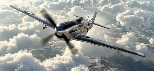 Fighter plane soaring through the clouds during World War II.