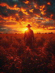 Fototapeta premium Farmer is standing in wheat field at sunset