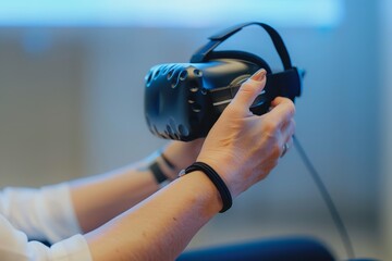 A patient s hands on a haptic feedback controller used for virtual rehabilitation The clean, blurred background emphasizes the advanced and immersive rehabilitation process